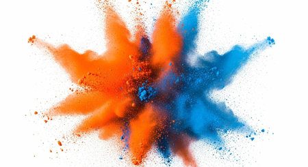 A vibrant explosion of orange and blue powder on a white background
