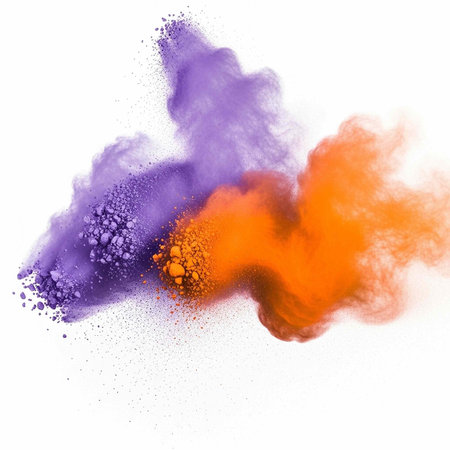 A vibrant cloud of purple and orange powder exploding in mid-air against a white background