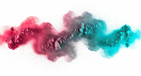 A vibrant cloud of colorful powder explodes in a dynamic display of pink, purple, and blue hues