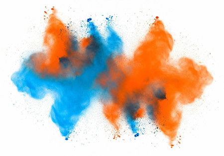 A vibrant cloud of orange and blue powder explodes in mid-air against a white background