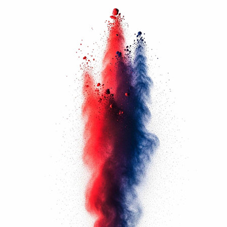 A vibrant cloud of red and blue powder exploding against a white background