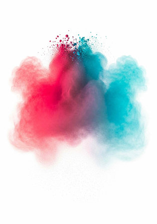 A vibrant cloud of pink and blue powder exploding in mid-air against a white backgroundの写真素材