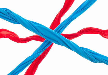 A colorful abstract image of intertwined red and blue twisted ribbons on a white background