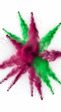 A vibrant explosion of pink and green powder on a white background