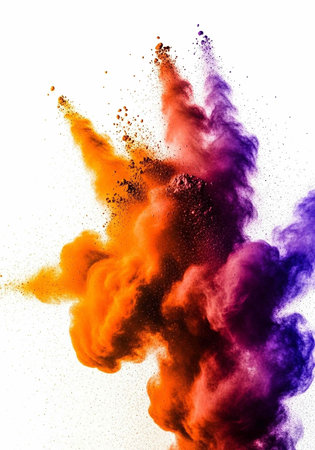 A vibrant cloud of colorful powder exploding in mid-air against a white background