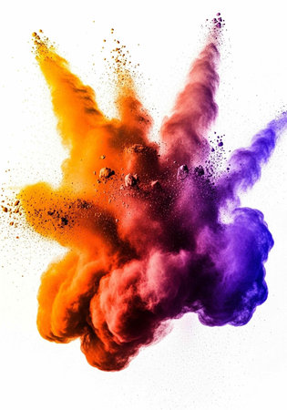 A vibrant cloud of colorful powder explodes in mid-air against a white background