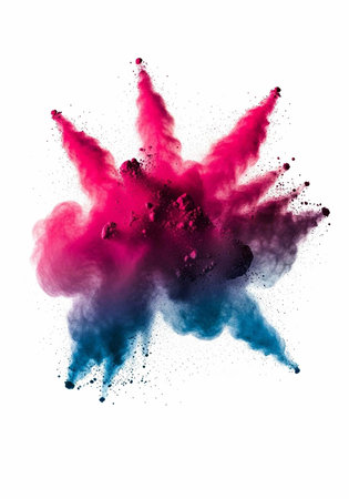 A vibrant pink and blue cloud of powder exploding in mid-air against a white background