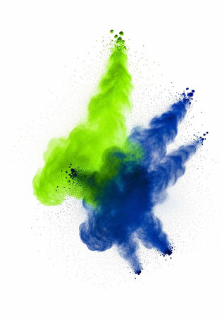 A vibrant cloud of green and blue powder explodes in mid-air against a white background