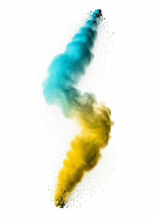 A vibrant cloud of yellow and blue powder exploding in mid-air on a white background