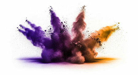 A vibrant cloud of purple, pink, and orange powder explodes in mid-air against a white background.の写真素材