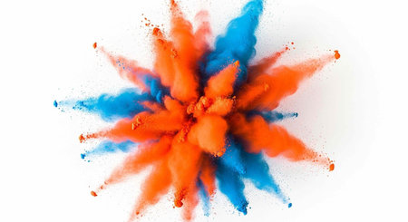 A vibrant explosion of orange and blue powder on a white background