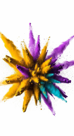A vibrant explosion of colorful powder on a white background