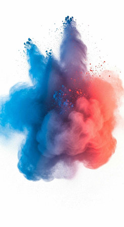 A vibrant cloud of colorful powder explodes in mid-air against a white background