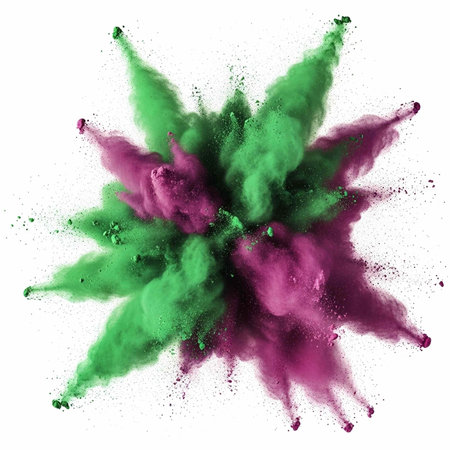 A vibrant explosion of green and purple powder on a white background