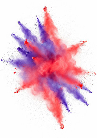 A vibrant explosion of red and purple powder on a white background