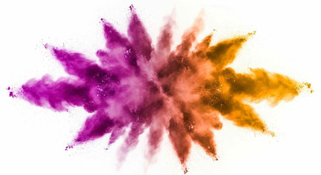 A vibrant explosion of colorful powder against a clean white background