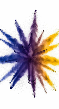 A colorful explosion of purple, blue, and yellow powder on a white background