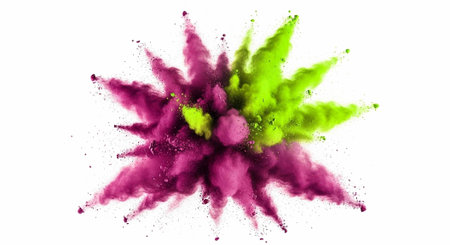 A vibrant explosion of pink and green powder on a white background