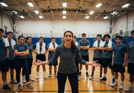 A woman stands confidently in a gymnasium surrounded by a group of young athletes in sportswear.