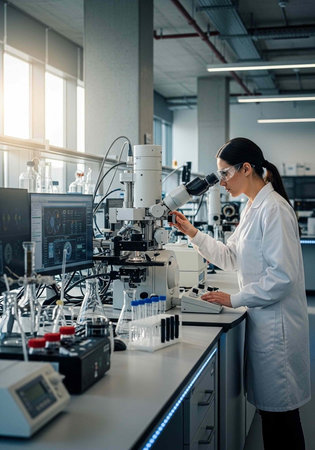 A female scientist in a lab coat working with a microscope in a modern laboratory setting.