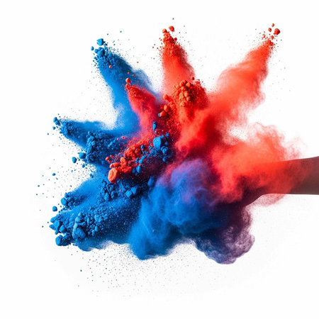 A vibrant explosion of red and blue powder against a white background