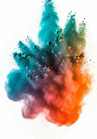 A vibrant cloud of colorful powder explodes in mid-air against a white background