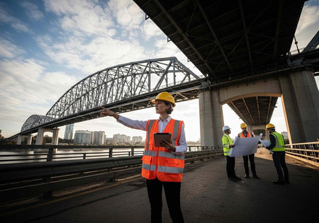 A construction worker in an orange vest and yellow hard hat stands under a bridge with a city...