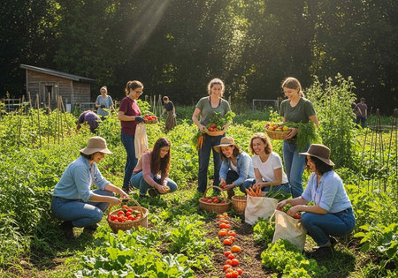 A group of people harvesting fresh produce in a lush green garden on a sunny day