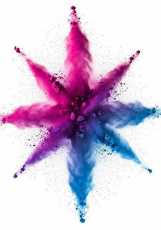 Colorful pink and blue powder explodes in a star shape on a clean white surface