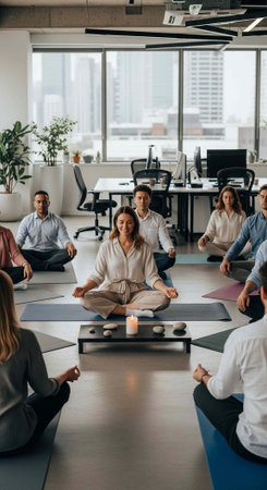 A group of people practicing yoga in a modern office space with a city view