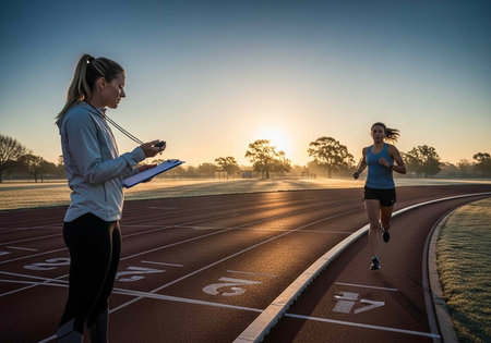 A female coach observes an athlete running on a track at sunrise during an intense training sessionの写真素材
