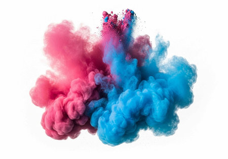 Colorful pink and blue smoke clouds bursting together on a plain white background