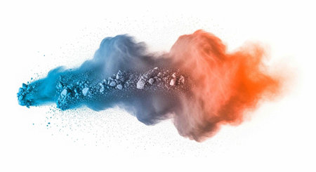 Colorful powder blast with blue, grey, and orange hues on a clean white surface