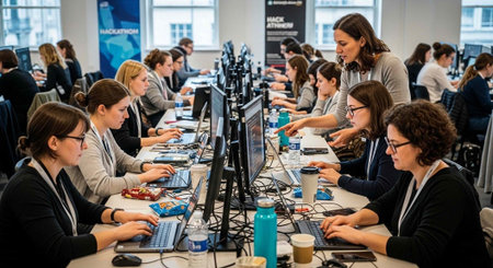 A group of young professionals working together in a modern office space with computers and laptops