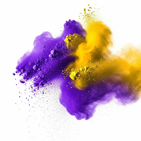 Colorful purple and yellow powder explodes in mid-air against a clean white backdrop