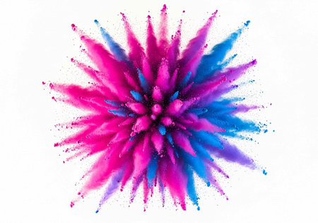 Colorful pink and blue powder explodes in a dynamic, abstract pattern on a clean white surface