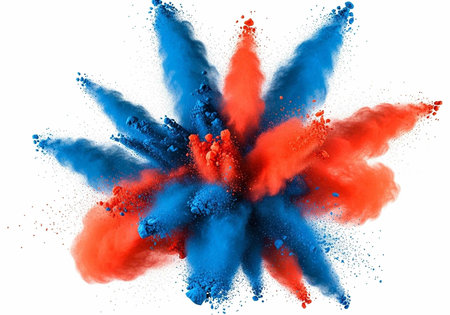 A vibrant explosion of red and blue powder on a white background