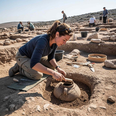An archaeologist carefully excavates an ancient artifact in a desert landscape