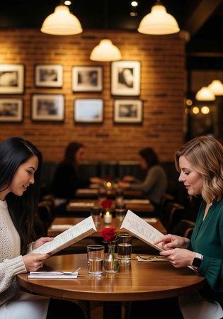 Two women sitting at a restaurant table looking at menus in a cozy atmosphere