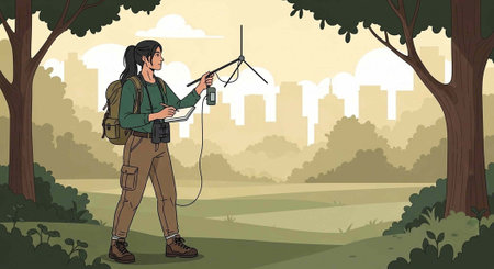 A woman in a green shirt and brown pants stands in a park with a radio antenna and notebook