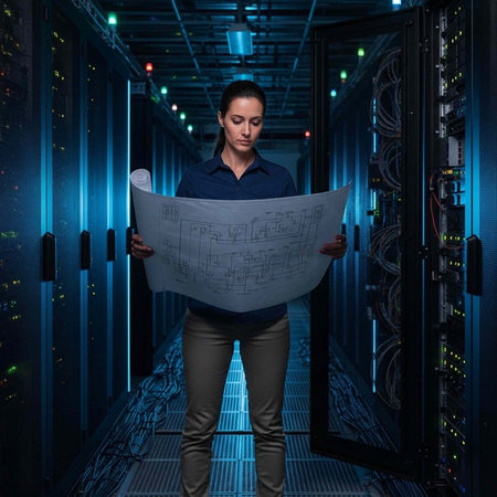 A woman in a data center holding a large blueprint while standing in a server room with blue lights