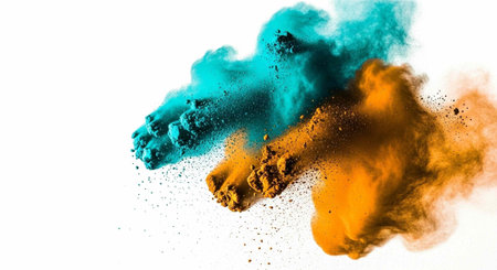 Colorful teal and orange powder explodes in mid-air against a clean white backdrop.