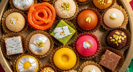 A vibrant assortment of traditional Indian sweets arranged on a decorative platter for festive...
