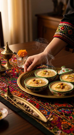 A person serving steaming bowls of food on a vibrant table runner with a decorative tray