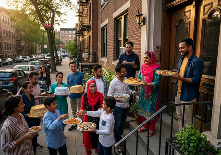A diverse group of people sharing food on a sidewalk in front of a residential building
