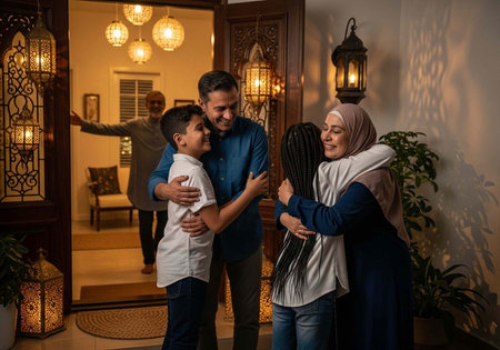 A happy Muslim family embracing each other warmly at their home entrance during a festive eveningの写真素材