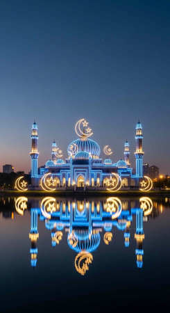 A beautifully lit mosque with blue and yellow lights reflected in the water at dusk or dawn