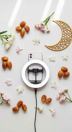A smartphone on a white ring light surrounded by dates and flowers on a white background