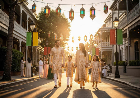 A happy Indian family walking together in a beautifully decorated street with colorful lanterns and...