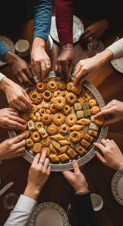 A group of people sharing a variety of traditional sweet and savory pastries at a dinner table